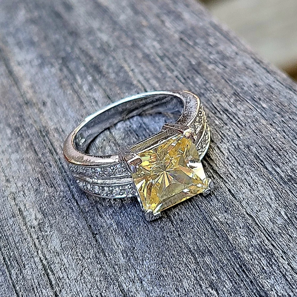 Silver Rhodium Plated Yellow Princess Cut CZ Ring, Size 8 - Picture 3 of 8